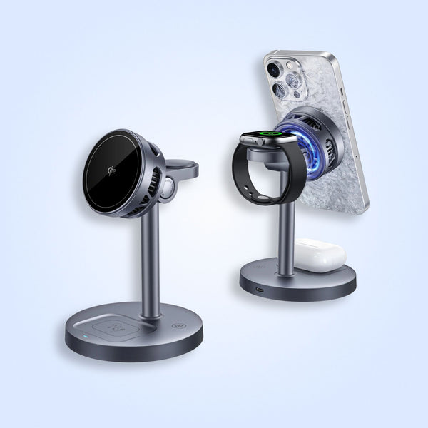 15W Qi2 Magnetic 3‑in‑1 Wireless Charging Stand for iPhone, Apple Watch & AirPods