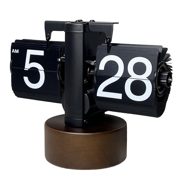 Retro Auto Flip Clock with Walnut Round Base for Home Living Balance Mechanical Desk Flip Clock