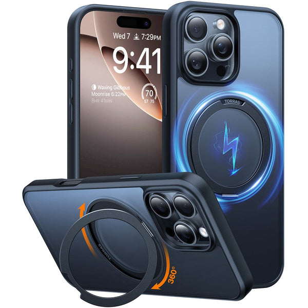TORRAS Ostand R Series Magnetic Case for iPhone 16 Pro – 360° Rotating Kickstand TPU + PC Shockproof Cover Compatible with MagSafe