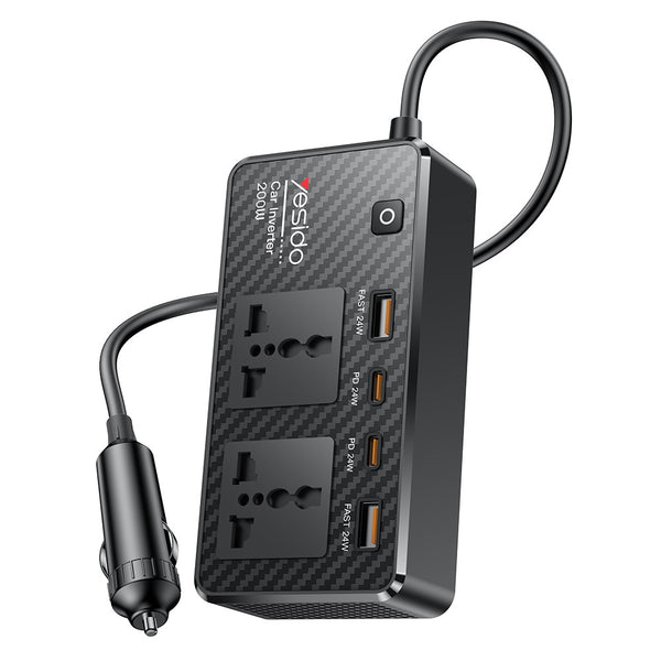 YESIDO VC07 200W High Power Car Inverter Fast Charging Adapter with 2 AC + 2 USB + 2 Type-C Ports