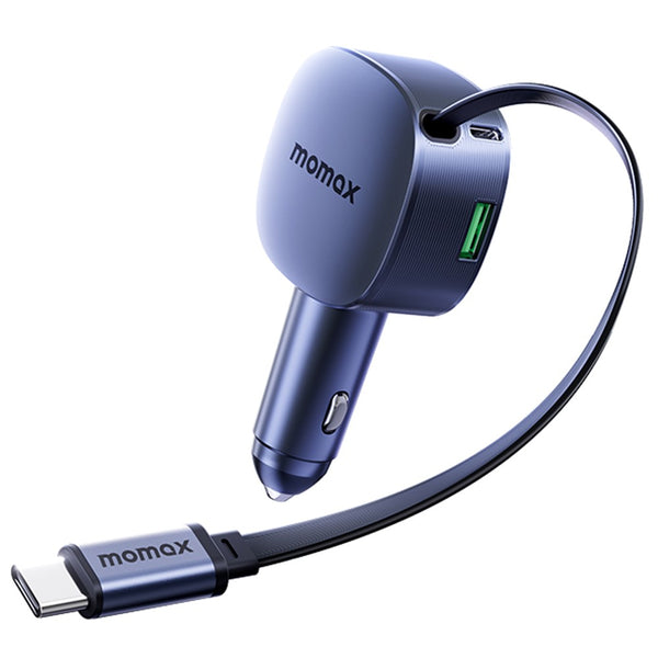 MOMAX 60W Car Charger USB-C + USB-A Fast Charging Adapter with Retractable USB-C Cable