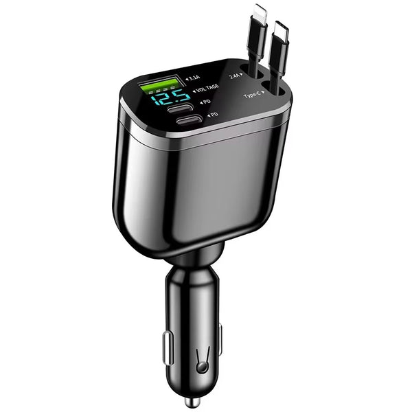 M4 5 in 1 Car Charger USB + 2 Type-C Fast Charging Digital Display Adapter with 8-Pin + Type-C Retractable Cable