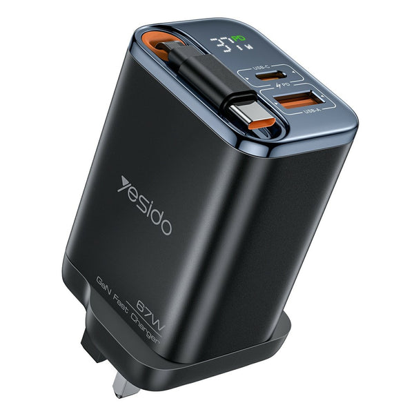 YESIDO YC146 UK Plug 67W GaN Charger with Retractable Type C Cable Digital Display Fast Charging Adapter