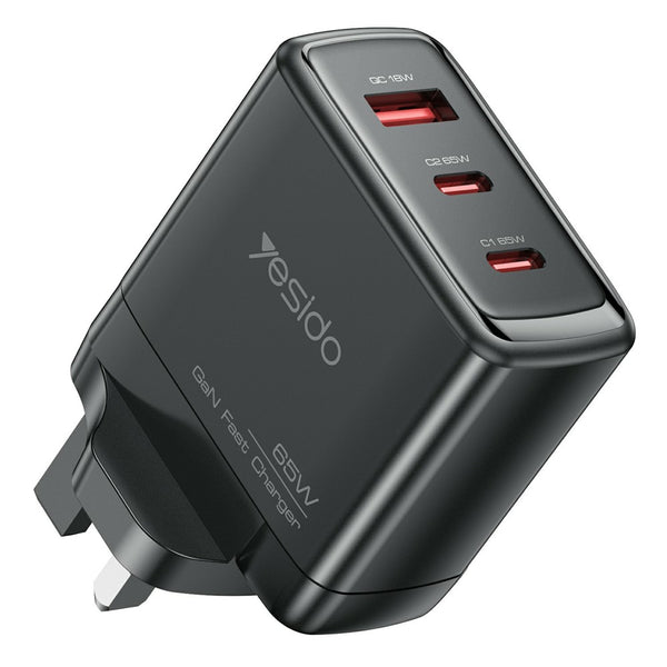 YESIDO YC98 UK Plug 65W High Power GaN Fast Charger 2 USB C + 1 USB A Portable Power Adapter