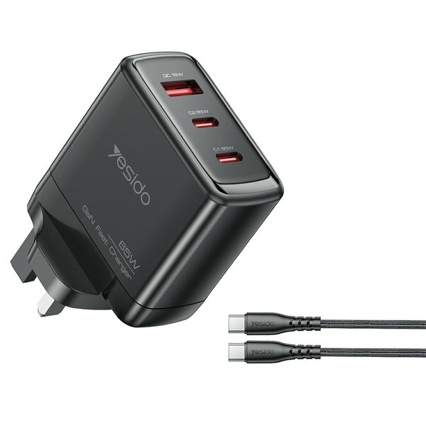 YESIDO YC98C UK Plug 65W High Power GaN Fast Charger 2 USB C + 1 USB A Power Adapter with 1.2m Type C Cable