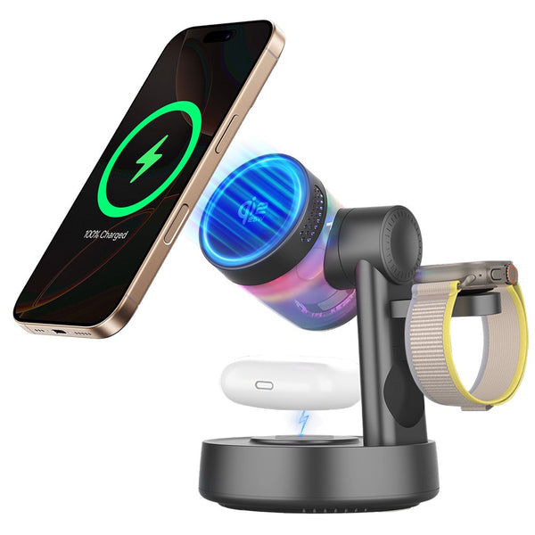 QI2.2 25W Magnetic Wireless Charger with Speaker Function for Phones / Earbuds / Watches Charging Station
