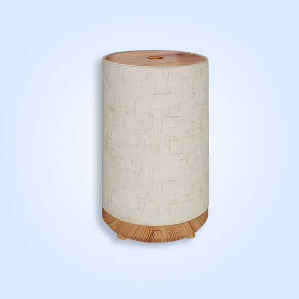 Essential Oil Diffuser 80ml – USB Soundwave Humidifier with Fabric Cover, Warm LED & Auto Shut-Off (Wood-Grain Base)