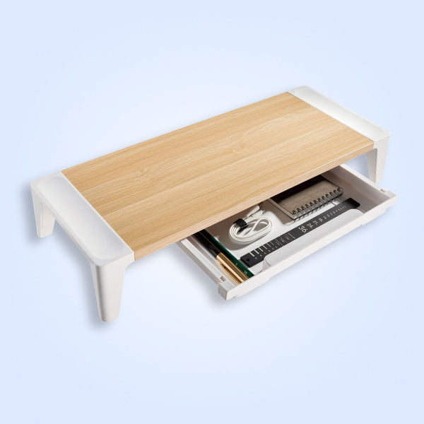ProperAV Adjustable Monitor Riser Stand with Drawer – Wood Effect