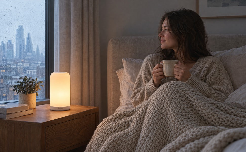 Woman in bed at dawn with a mug, Aura glowing warm white on the bedside table